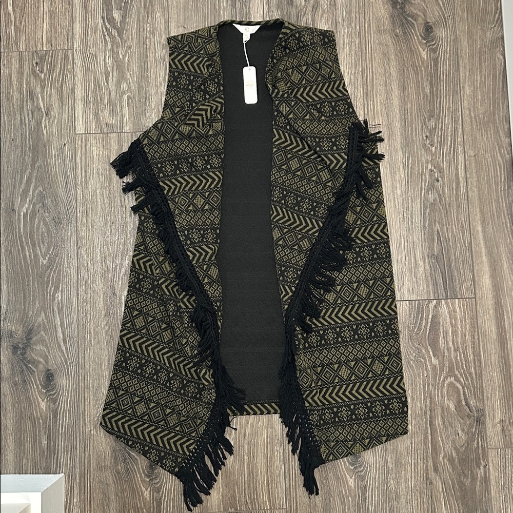 Charming Charlie Black and Olive Patterned Fringe Vest